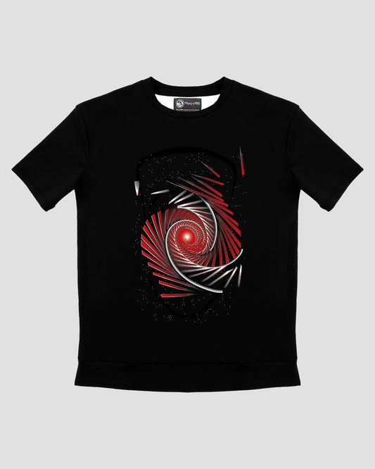 GoofyPRO Cayton Core Performance Tshirt in black with short sleeves. A graphic of black head outline under a swirling red and silver track.