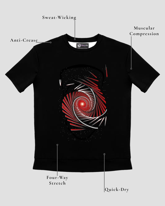 GoofyPRO Cayton Core Performance Tshirt in black with short sleeves. A graphic of black head outline under a swirling red and silver track. Design elements of the T-shirt showing.
