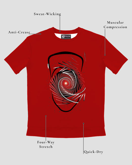 GoofyPRO Cayton Core Performance Tshirt in fire red with short sleeves. A graphic of black head outline under a swirling red and silver track. Design elements of the T-shirt showing.
