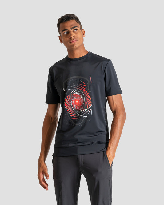 GoofyPRO Cayton Core Performance Tshirt in black with short sleeves. A graphic of black head outline under a swirling red and silver track.Worn by male model