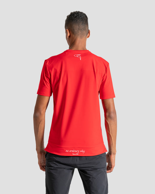 GoofyPRO Cayton Core Performance Tshirt in red with male model. White embroidered logo on neck and 'no ordinary way' on waistband.