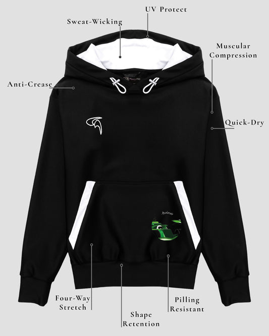 GoofyPRO Cayton XTR Hoodie in black. A pocket graphic of a motor boat in Green seasonal colour and a racing car in Green seasonal colour. White embroidered logo on chest. Design elements of fabric.