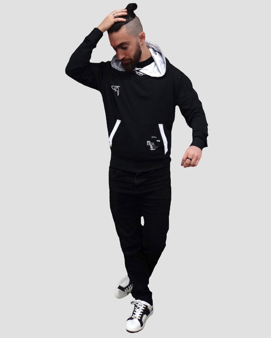 GoofyPRO Cayton Core Hoodie in black. With water based graphic design of a racing car and speed boat on front pocket.