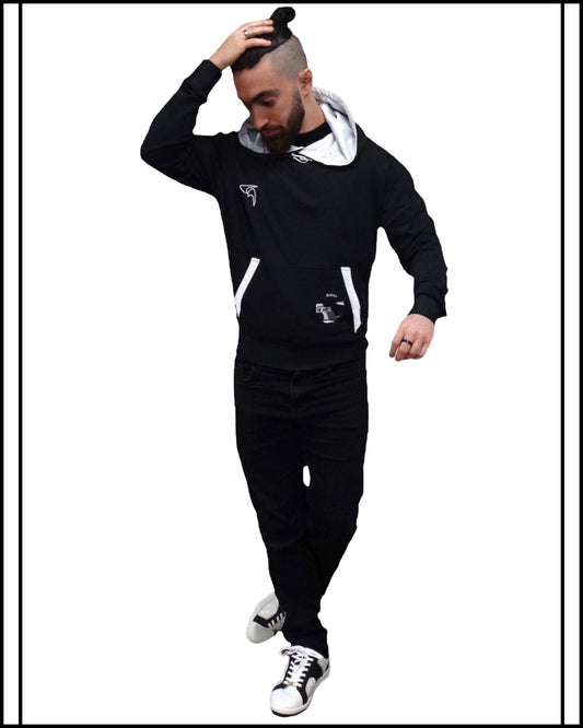 GoofyPRO Cayton Core Hoodie in black. With water based graphic design of a racing car and speed boat on front pocket.