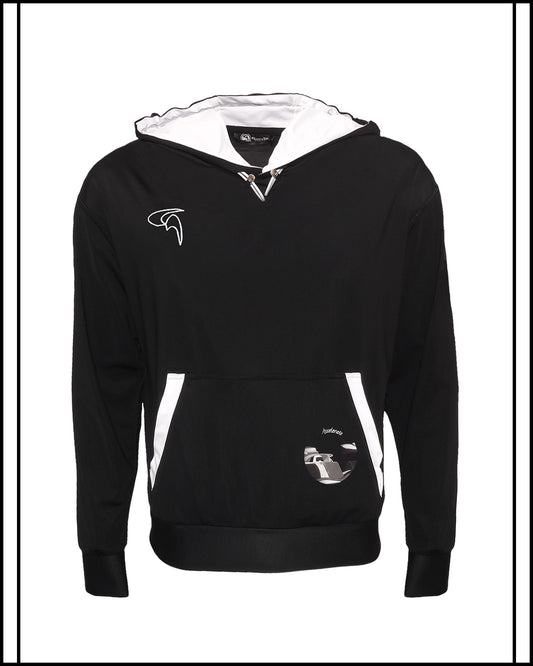 GoofyPRO Cayton Core Hoodie in black. With water based graphic design on front pocket of a racing car and speed boat.