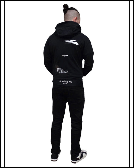 GoofyPRO Cayton Core Hoodie in black. With water based graphic design of a racing car and speed boat. Embroidered - no ordinary way