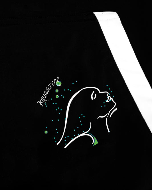 GoofyPRO Cayton XTR Hoodie in black. A close up of graphic of swimmer with bubbles in Green seasonal colouring on front pocket. White pocket trim.