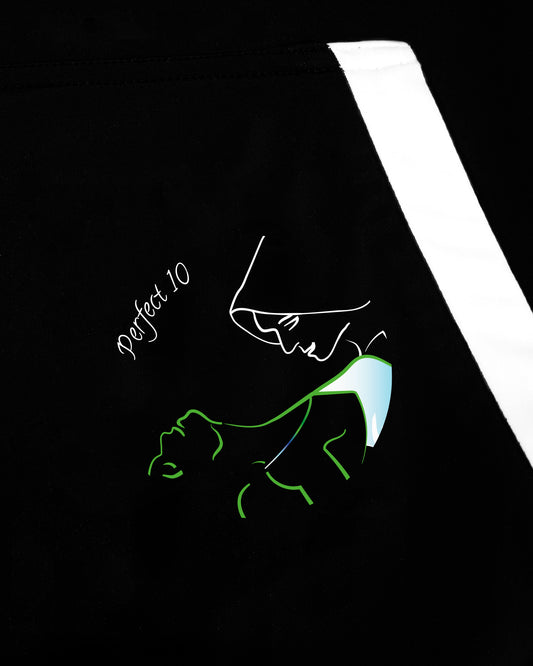 GoofyPRO Cayton XTR Hoodie in black. A close up of graphic on pocket of dancers in Green seasonal colour. White pocket trim.