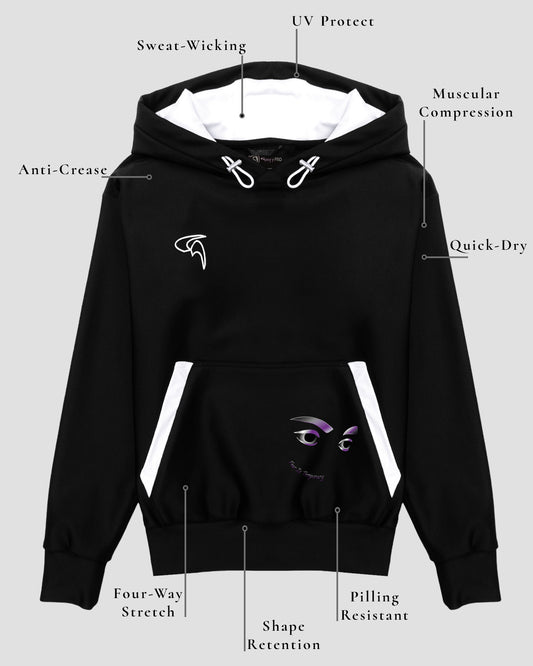 GoofyPRO Cayton XTR Hoodie in black with white trim on kangaroo pocket. A graphic of two eyes in purple and silver with the words' fear is temporary' on the pocket. White hood lining and white embroidery logo on chest. Technical elements describing fabric.