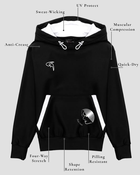 GoofyPRO Cayton XTR Hoodie in black. A graphic on front pocket of face with Do It NOW in silver, white and flecks of gold. White embroidered logo on chest and white hood lining. Technical descriptions of the fabric.