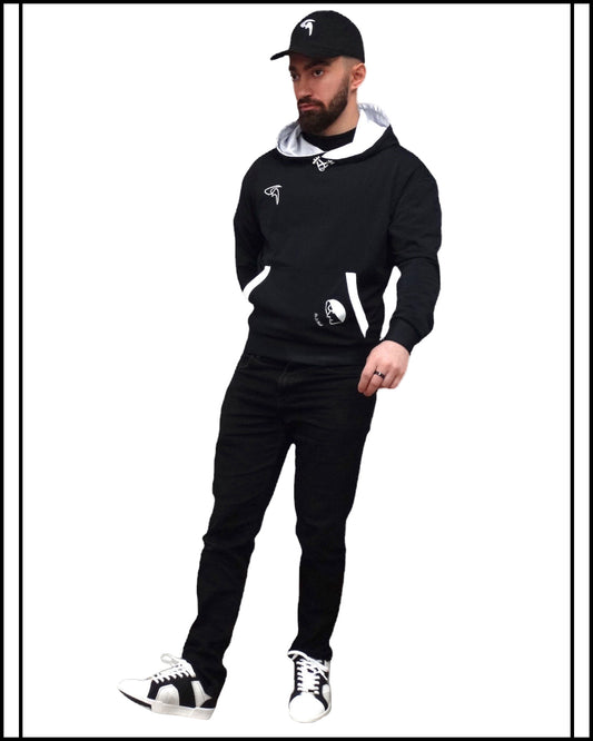 GoofyPRO Cayton Core Hoodie in black. With water based graphic design, face of GoofyPRO man on front pocket.