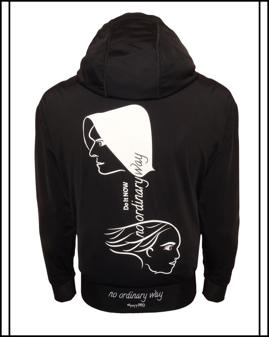 GoofyPRO Cayton Core Hoodie in black. With water based graphic design of GoofyPRO man and woman faces on back. Embroidered - no ordinary way.