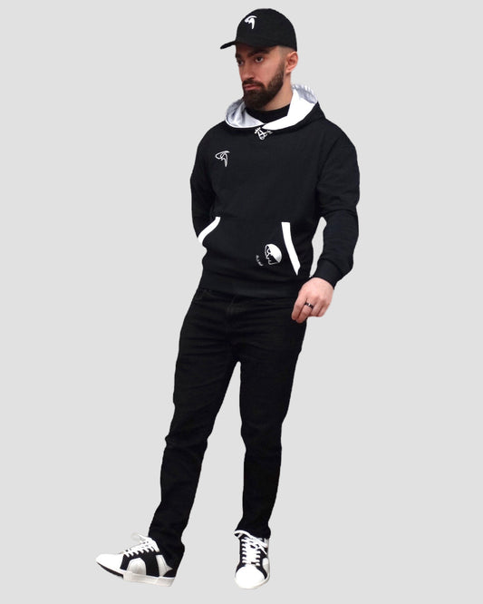 GoofyPRO Cayton Core Hoodie in black. With water based graphic design, face of GoofyPRO man on front pocket.