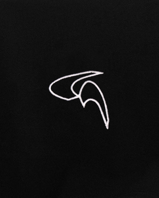 Close up of white embroidered logo on front of Cayton Core Black Hoodie.