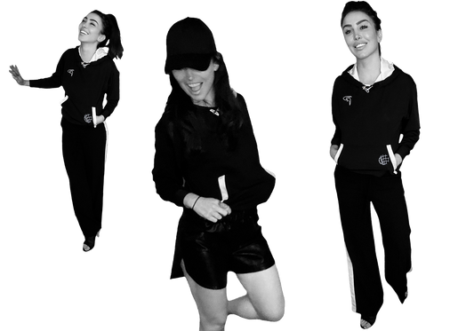 3 model poses, relaxed, laughing wearing trousers and shorts with the GoofyPRO Cayton Hoodie, in black.