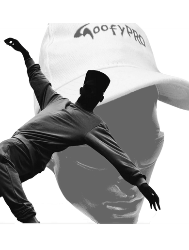 Man in dancing pose in front of Model head with cap embroidered GoofyPRO.