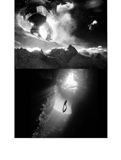 2 pictures- a snowboarder performing a trick and a diver underwater