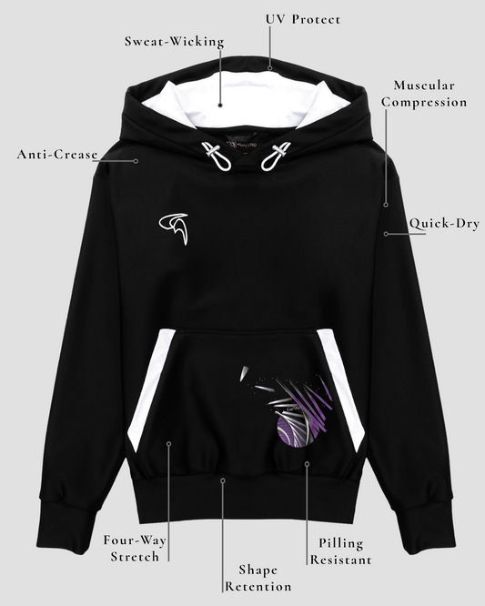 GoofyPRO Cayton XTR Black Hoodie front with Pocket graphic of purple and silver rollercoaster track. White Embroidered Logo on chest in white. White hood lining. Technical descriptions of fabric.