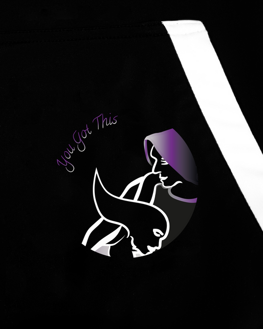 GoofyPRO Cayton XTR Hoodie in black. A close up of graphic on front pocket of two runners crossing the finishing line together in purple, silver and white, words 'You Got This'. White trim on pocket.