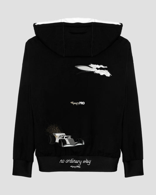 GoofyPRO Cayton Core black Hoodie rear picture with graphic of a silver racing car and a white speedboat. no ordinary way in white embroidery on waistband.