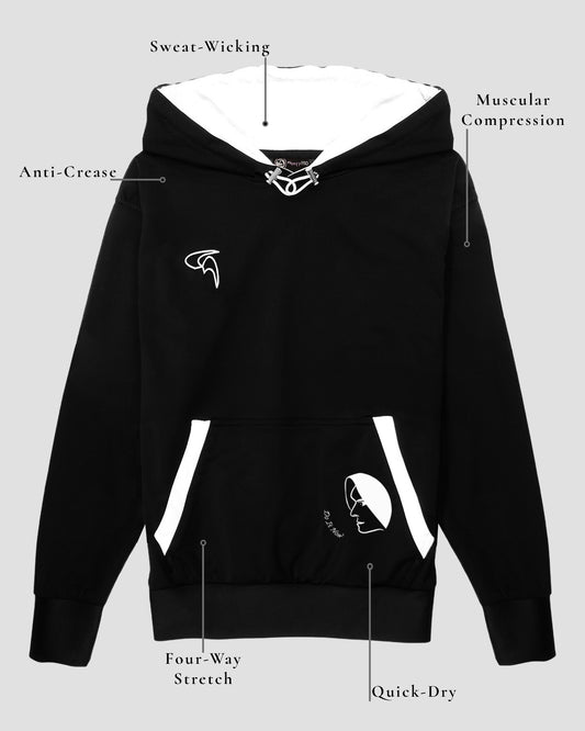 GoofyPRO black Cayton Core Hoodie front picture with technical element descriptions.