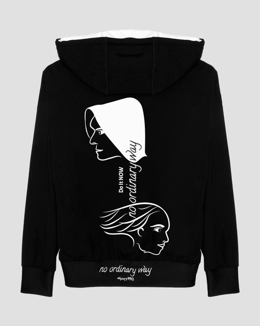 GoofyPRO Cayton Core Hoodie in black. With water based graphic design of GoofyPRO man and woman faces on back. Embroidered - no ordinary way.