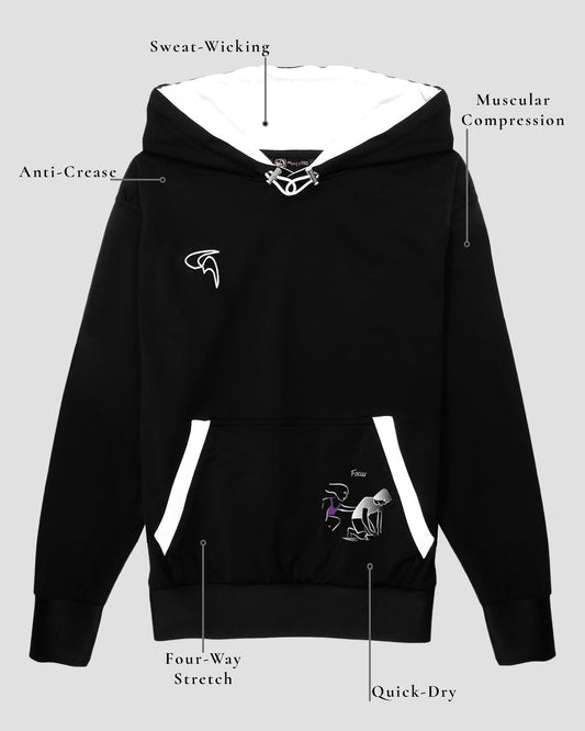 GoofyPRO black Cayton Core Hoodie front picture with technical element descriptions.