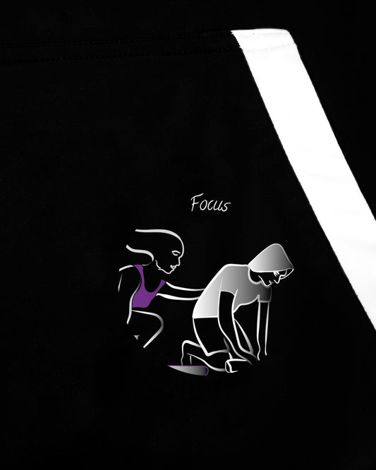 Close up of GoofyPRO Cayton Core Hoodie in black. With water based graphic design of GoofyPRO woman comforting GoofyPRO man, on front pocket.