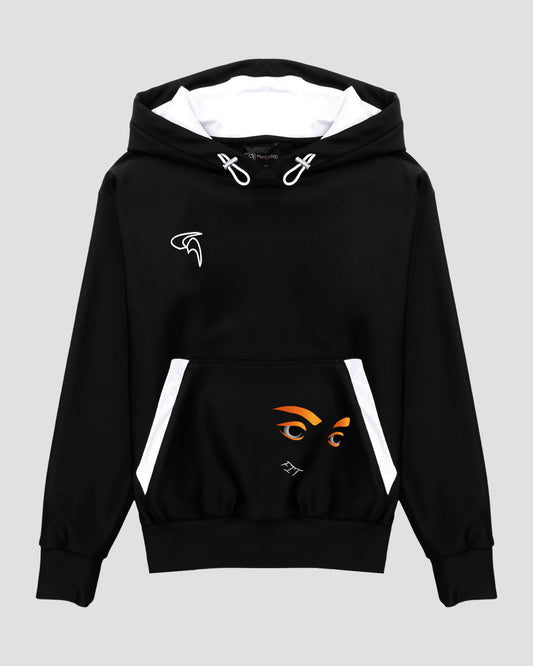 GoofyPRO Cayton XTR Tenacity Black Hoodie- Orange Eyes graphic on Pocket, Embroidered logo on chest.