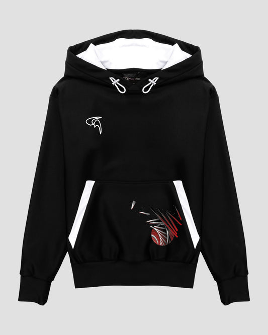 GoofyPRO Cayton XTR Black Hoodie front with Pocket graphic of red and silver rollercoaster track. White Embroidered Logo on chest in white.