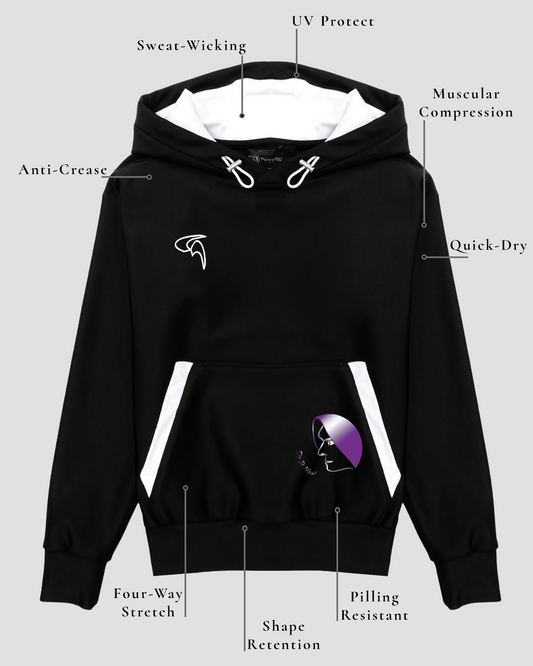 GoofyPRO Cayton XTR Hoodie in black. A graphic on front pocket of a face in purple, silver and white with Do It NOW writing. White hood lining and white embroidery logo on chest. Technical element descriptions of fabric.