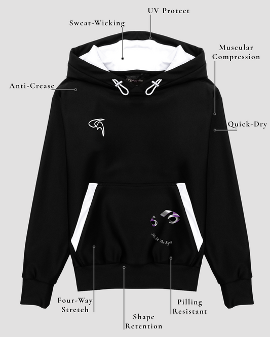 GoofyPRO Cayton XTR Hoodie in black. A graphic on front pocket of one set of  eyes with It's in the Eyes in white, purple, silver. White embroidered logo on chest, white hood lining. Technical description of fabric.