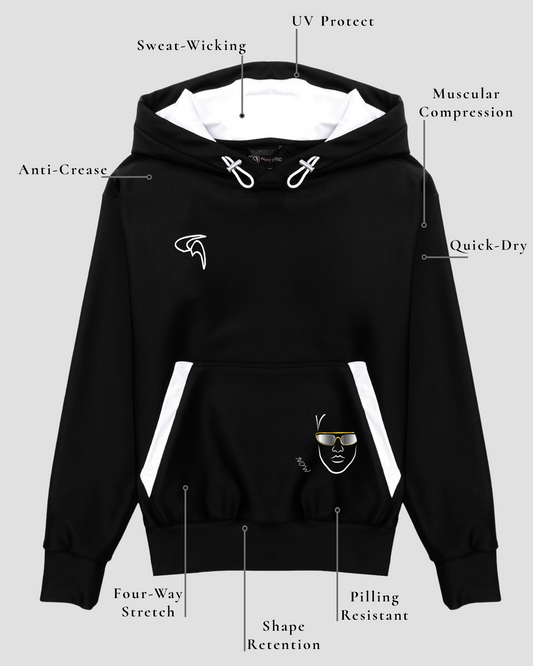 GoofyPRO Cayton XTR Hoodie in black. A graphic on front pocket of silver face with gold sunglasses, words Do It NOW in white. White embroidered logo on chest and white hood lining. Technical description of fabric.