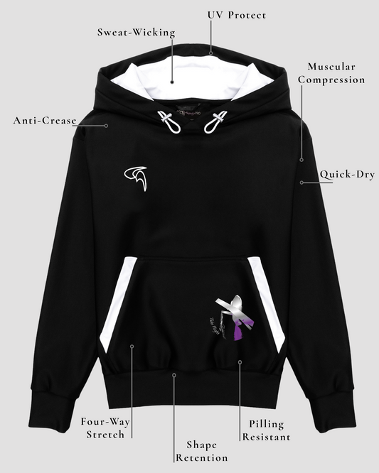 GoofyPRO Cayton XTR Hoodie in black. A graphic on front pocket of a silver plane with purple trailing jet stream and words Take Flight. White embroidered logo on chest and white hood lining. Technical descriptions of fabric.