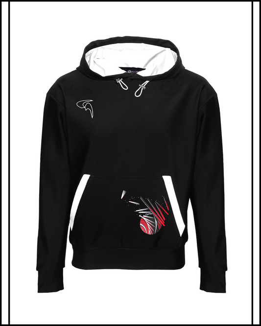 GoofyPRO Cayton XTR Black Hoodie front with Pocket graphic of red and silver rollercoaster track. White Embroidered Logo on chest in white.