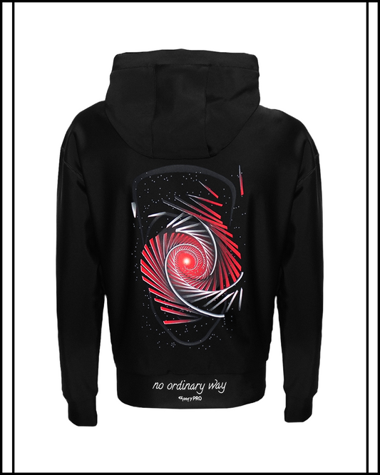 GoofyPRO Cayton XTR Black Hoodie rear graphic of red and silver rollercoaster track with head outline.