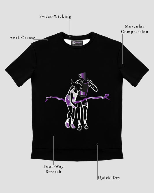 GoofyPRO Cayton Core Performance Tshirt in black with short sleeves. A graphic of two runners crossing the finishing line together in silver, purple and white. Design elements of fabric.