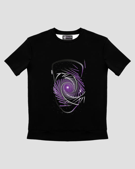 GoofyPRO Cayton Performance Tshirt in black with short sleeves. Front graphic of purple and silver rollercoaster track with head outline.