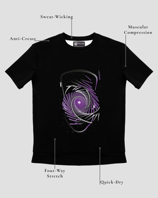 GoofyPRO Cayton Performance Tshirt in black with short sleeves. Front graphic of purple and silver rollercoaster track with head outline. Design elements of fabric.