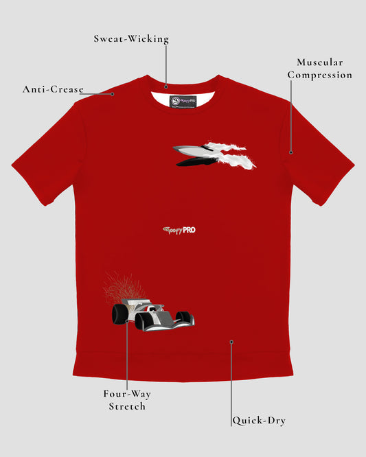 GoofyPRO Cayton Core Performance Tshirt in fire red with short sleeves. A graphic of a motor boat in white and a racing ca in silver. GoofyPRO in gold and white in centre. Design elements of the T-shirt showing.