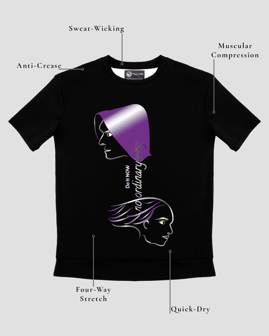 GoofyPRO Cayton Core Performance Tshirt in black with short sleeves. A graphic on the front of two faces with Do It NOW no ordinary way, in purple, silver and white. Design elements of fabric.