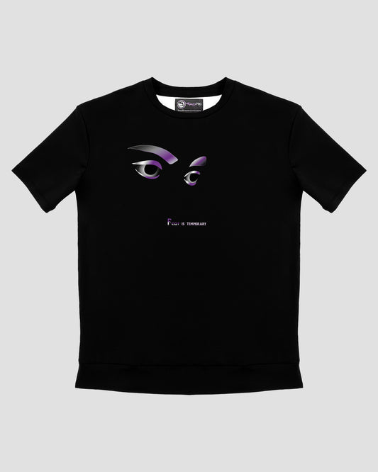 GoofyPRO Cayton Core Performance Tshirt in black with short sleeves. A graphic of two eyes in purple and silver and the words' fear is temporary'.