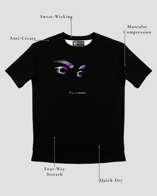 GoofyPRO Cayton Core Performance Tshirt in black with short sleeves. A graphic of two eyes in purple and silver and the words' fear is temporary'. Design elements of fabric.