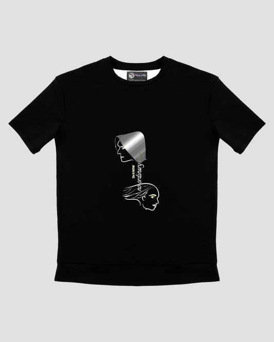 GoofyPRO Cayton Core Performance Tshirt in black with short sleeves. A graphic of two faces in silver and white with flecks of gold, with Do It NOW no ordinary way wording. 