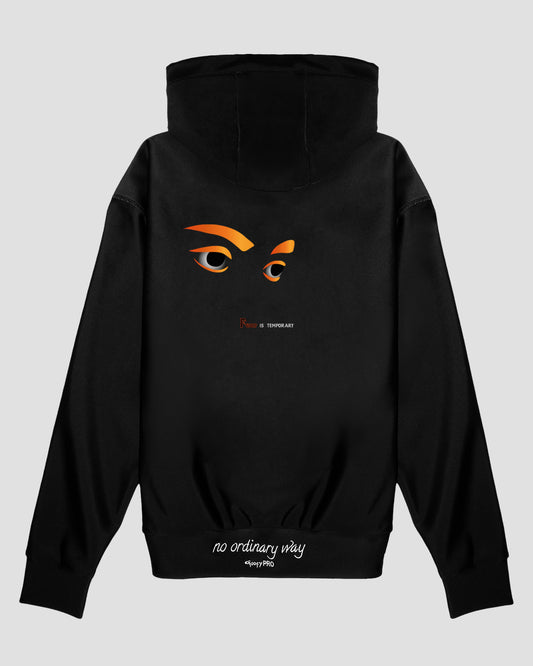 GoofyPRO Cayton XTR Tenacity Black Hoodie- Orange Eyes graphic on back with word Fear is Temporary. Embroidered Waistband 'no ordinary way'.