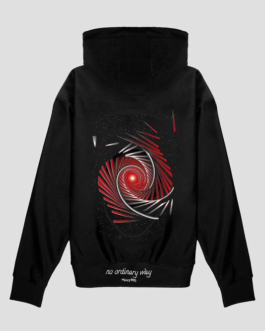 GoofyPRO Cayton XTR Black Hoodie rear graphic of red and silver rollercoaster track with head outline.