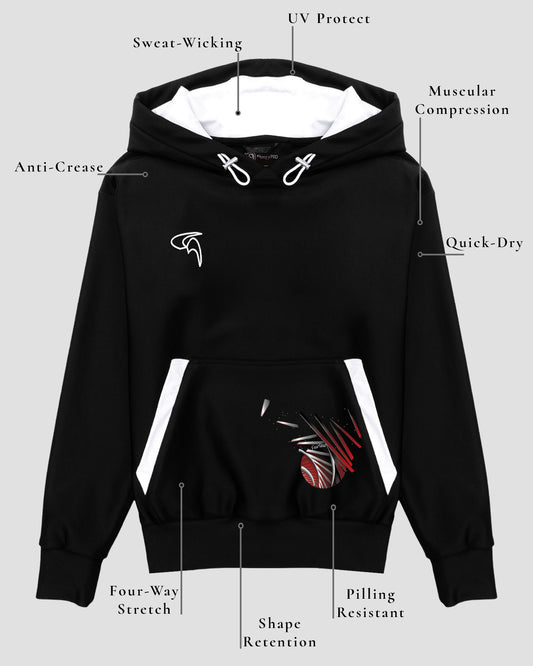 GoofyPRO XTR black Hoodie front picture with technical element descriptions