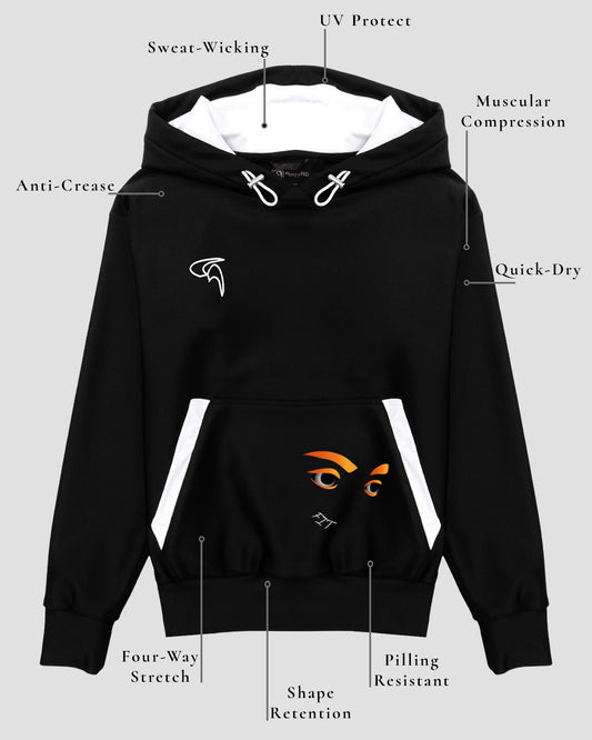 GoofyPRO XTR black Hoodie front picture with technical element descriptions