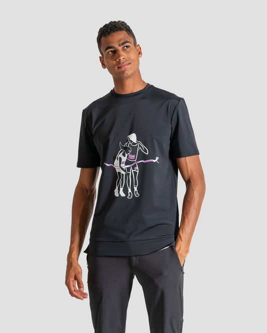 GoofyPRO Cayton Core Performance Tshirt in black with short sleeves. A graphic of two runners crossing the finishing line together. Worn by male model