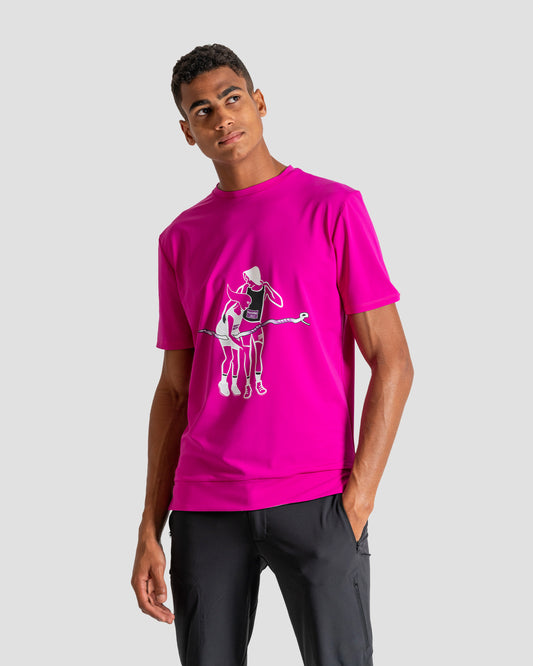 GoofyPRO Cayton Core Performance Tshirt in dahlia pink with short sleeves. A graphic of two runners crossing the finishing line together. worn by male model